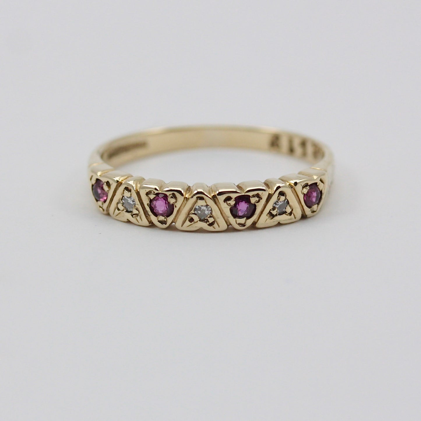 Vintage 9ct Gold Ruby & Diamond Hearts Half Eternity Band Ring