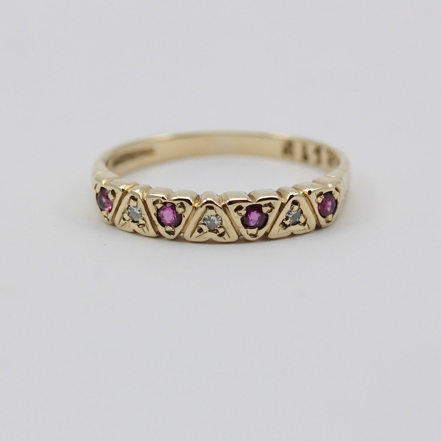 Vintage 9ct Gold Ruby & Diamond Hearts Half Eternity Band Ring