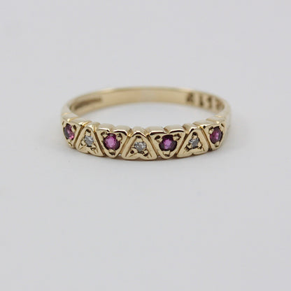 Vintage 9ct Gold Ruby & Diamond Hearts Half Eternity Band Ring