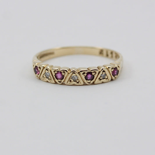 Vintage 9ct Gold Ruby & Diamond Hearts Half Eternity Band Ring