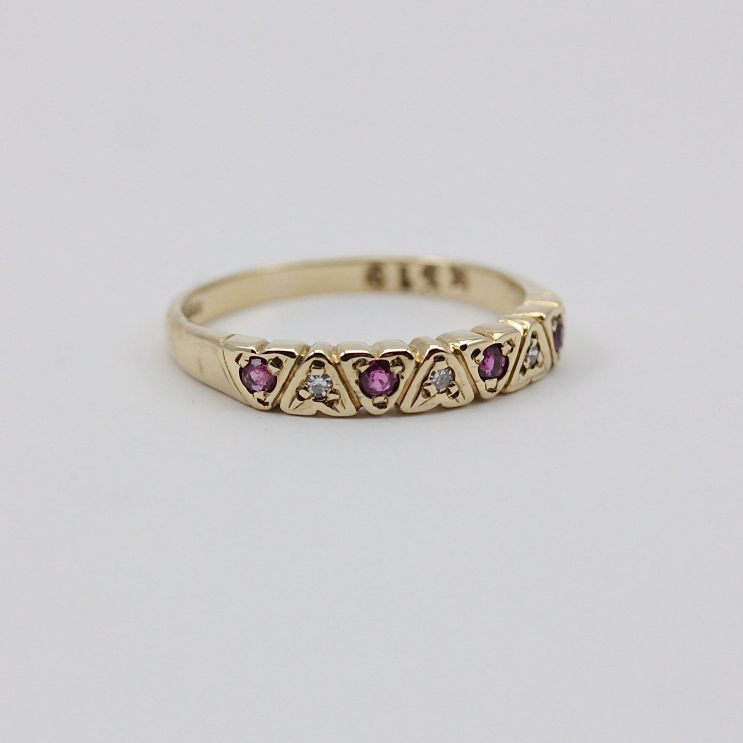 Vintage 9ct Gold Ruby & Diamond Hearts Half Eternity Band Ring, 1986