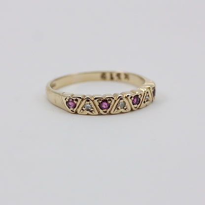 Vintage 9ct Gold Ruby & Diamond Hearts Half Eternity Band Ring, 1986