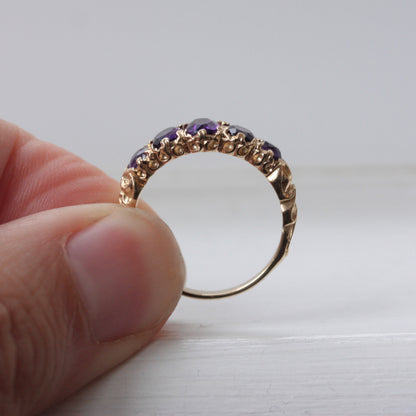 Vintage 9ct Gold Amethyst 5 Stone Ring, 1972