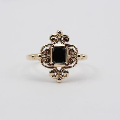 Vintage 9ct Gold Fancy Framed Onyx Ring, 1994