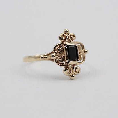 Vintage 9ct Gold Fancy Framed Onyx Ring, 1994
