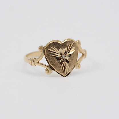 Vintage 9ct Gold Floral Heart Signet Style Ring, 1991
