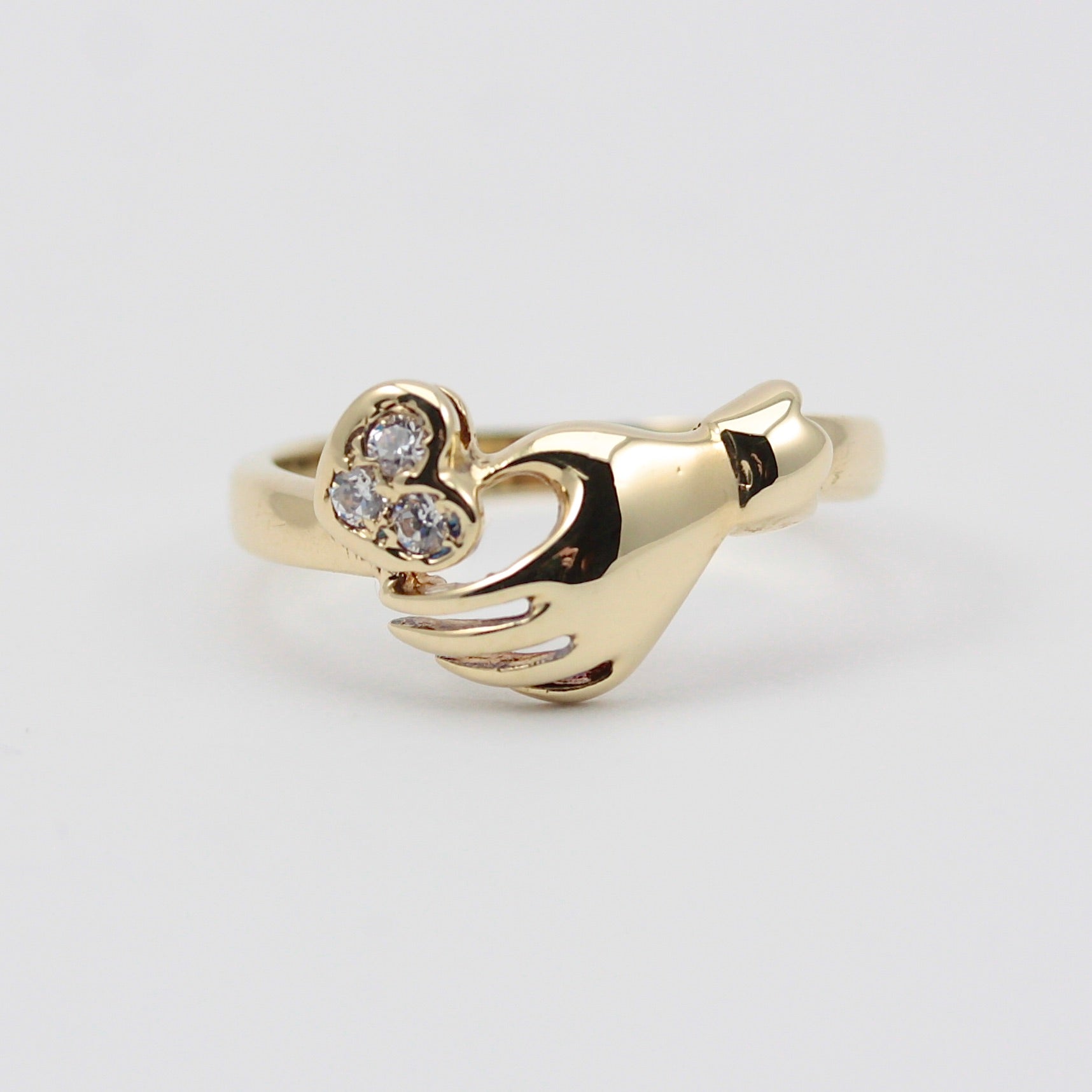 Vintage 14ct Gold Hand Holding Heart White Stone Ring 