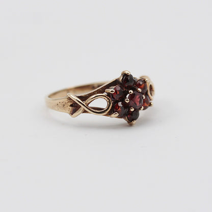 Vintage 9ct Gold Garnet Cluster Ring with Open Shoulders, 1972
