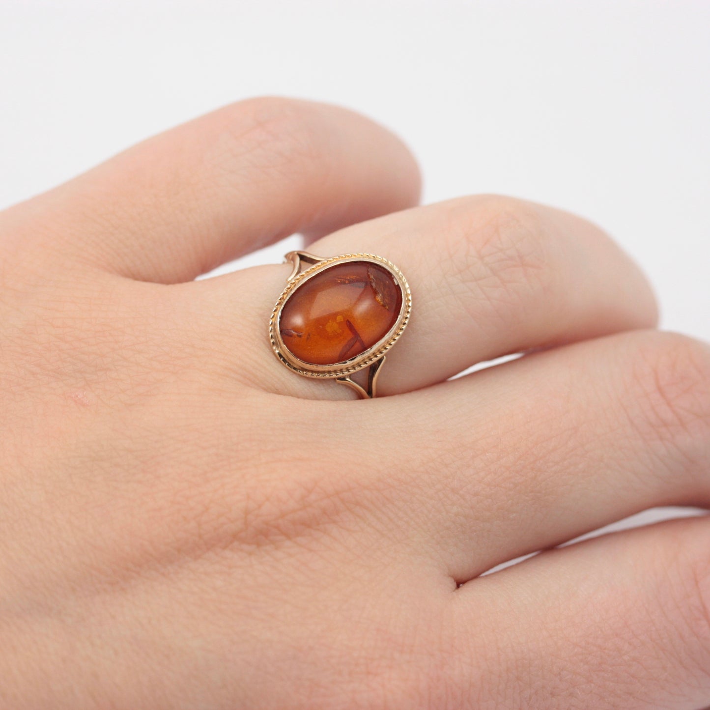 Vintage 9ct Gold and Amber Cabochon Ring, 1972