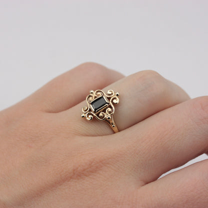 Vintage 9ct Gold Fancy Framed Onyx Ring, 1994
