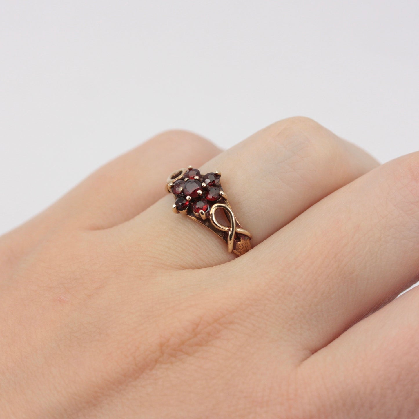 Vintage 9ct Gold Garnet Cluster Ring with Open Shoulders, 1972
