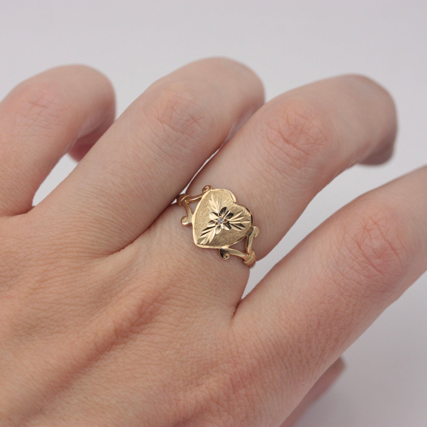 Vintage 9ct Gold Floral Heart Signet Style Ring, 1991