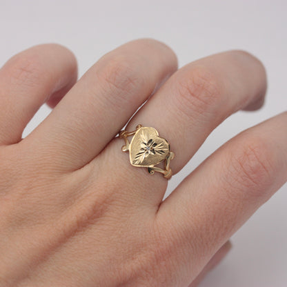 Vintage 9ct Gold Floral Heart Signet Style Ring, 1991