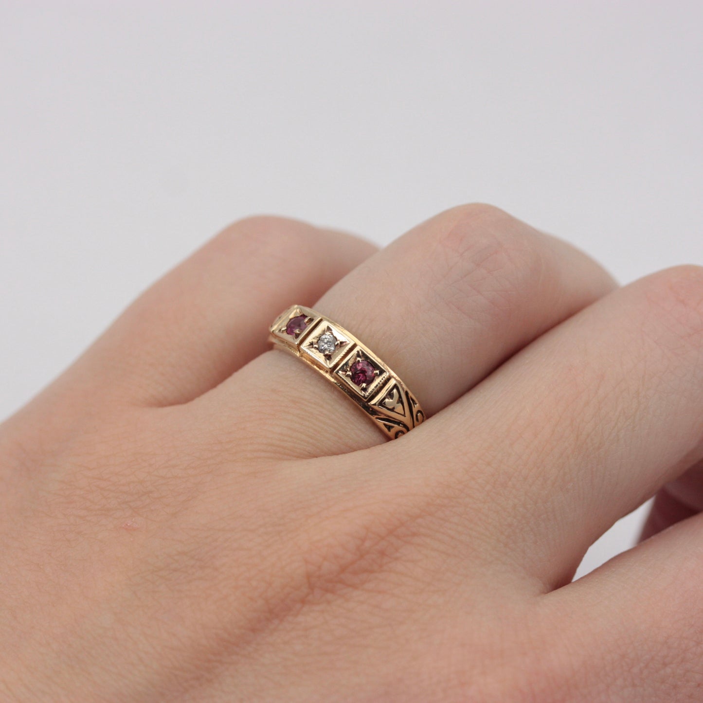 Vintage 9ct Gold Ruby & Diamond 3 Stone Band Ring, 1979