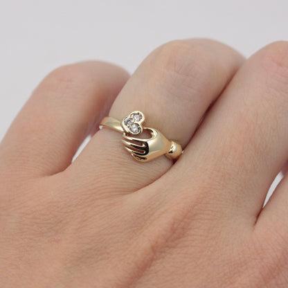 Vintage 14ct Gold Hand Holding Heart White Stone Ring