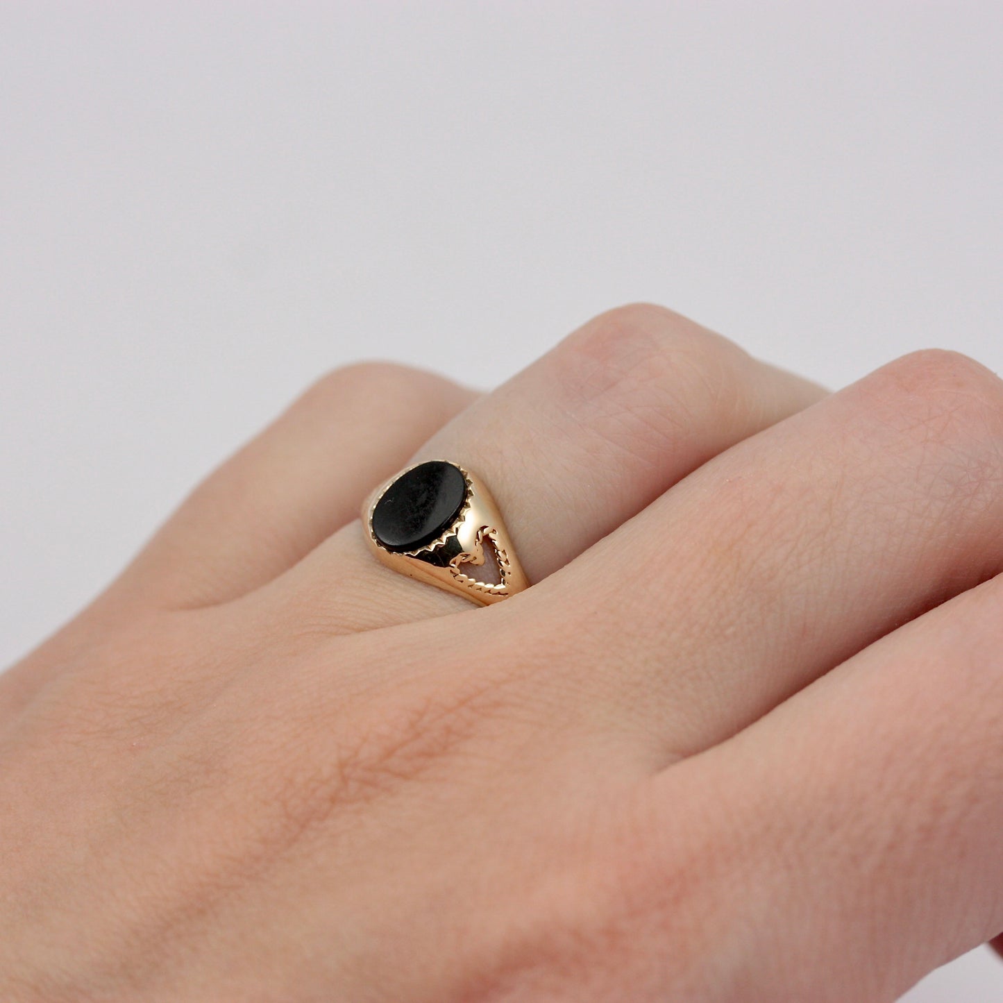 Vintage 9ct Gold Onyx Signet Ring with Heart Cut Out Shoulders, 1981