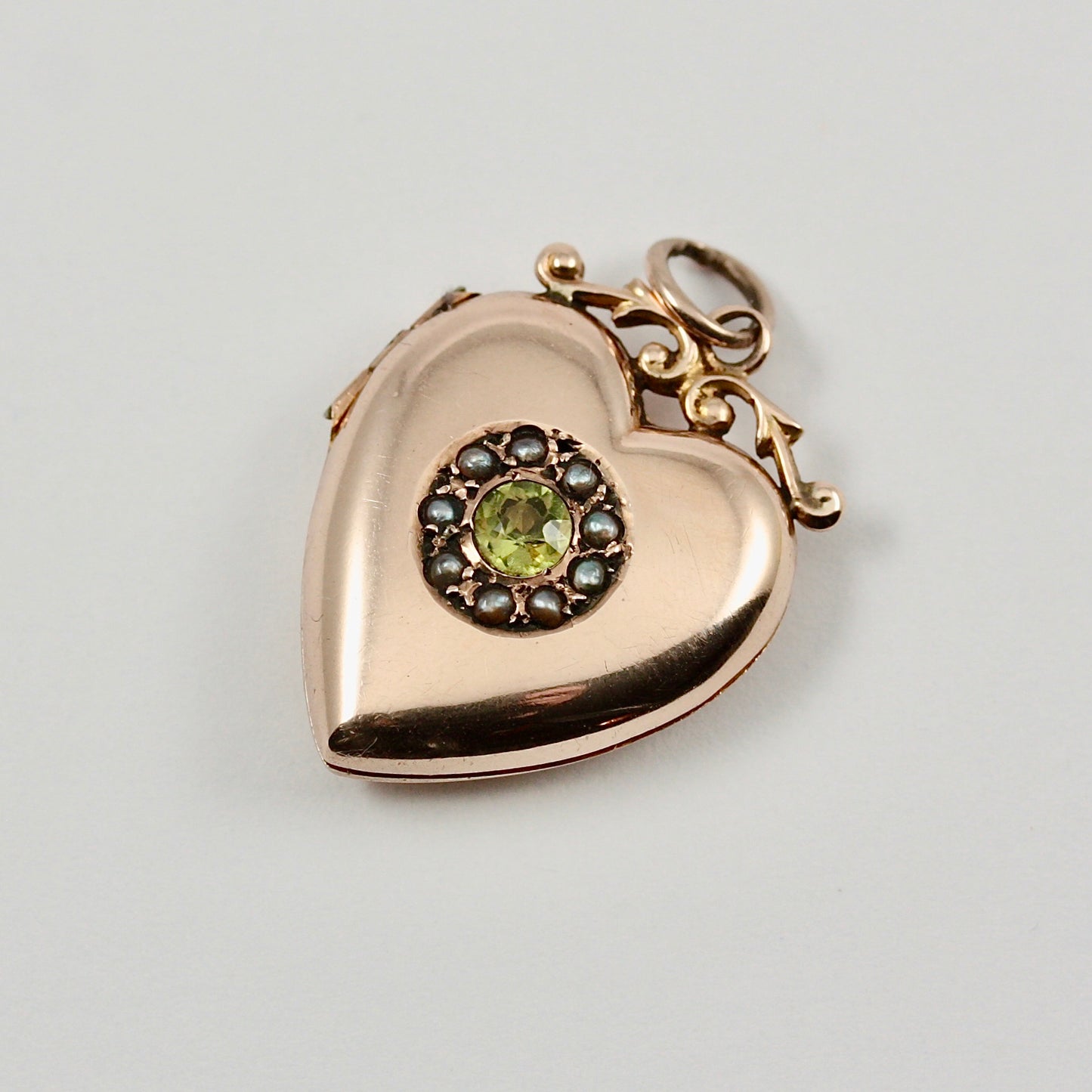 Antique Edwardian 9ct Gold Peridot and Pearl Heart Locket, 1909
