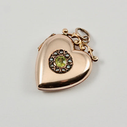 Antique Edwardian 9ct Gold Peridot and Pearl Heart Locket, 1909