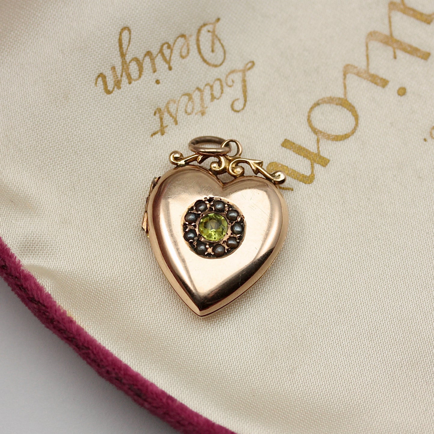 Antique Edwardian 9ct Gold Peridot and Pearl Heart Locket, 1909