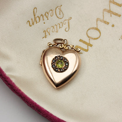 Antique Edwardian 9ct Gold Peridot and Pearl Heart Locket, 1909