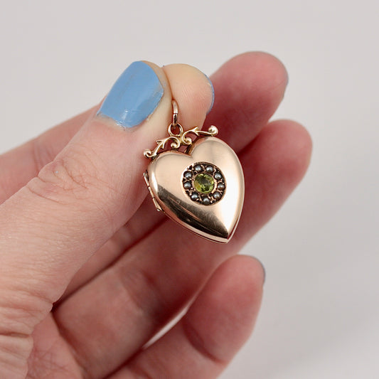 Antique Edwardian 9ct Gold Peridot and Pearl Heart Locket, 1909