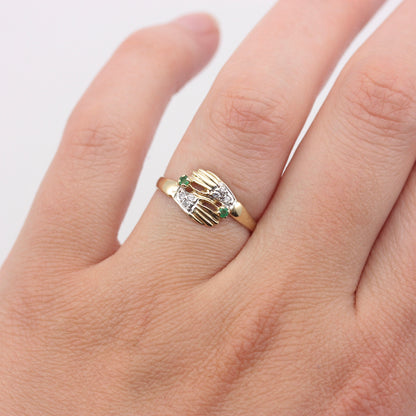 Vintage 9ct Gold Pair of Hands Ring with Diamonds and Emeralds