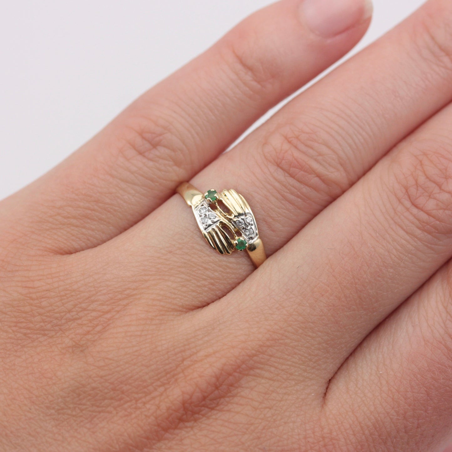 Vintage 9ct Gold Pair of Hands Ring with Diamonds and Emeralds