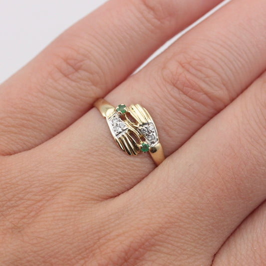 Vintage 9ct Gold Pair of Hands Ring with Diamonds and Emeralds