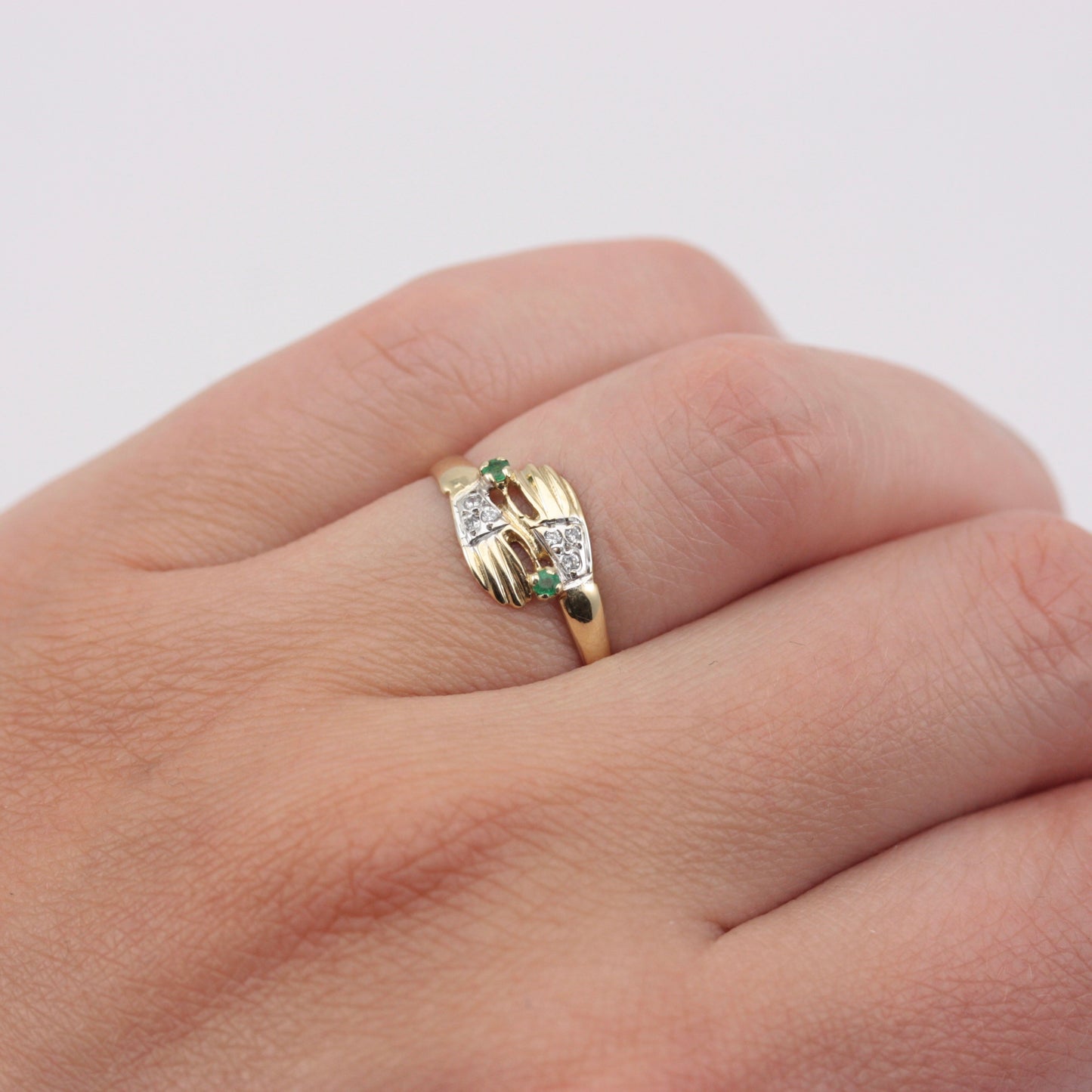 Vintage 9ct Gold Pair of Hands Ring with Diamonds and Emeralds