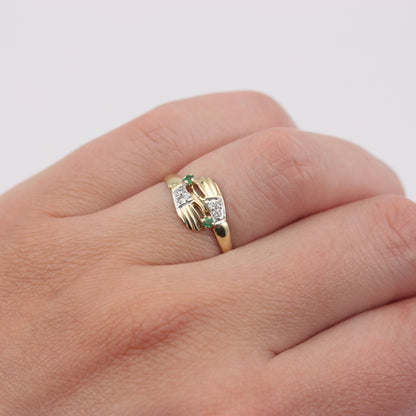 Vintage 9ct Gold Pair of Hands Ring with Diamonds and Emeralds