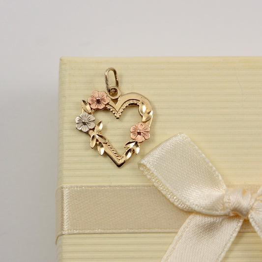 Vintage 14ct Gold Floral Heart Pendant, 1980s, OroAmerica
