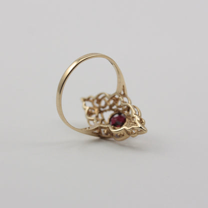 Vintage 9ct Gold Garnet Marquise Filigree Ring, c1980s