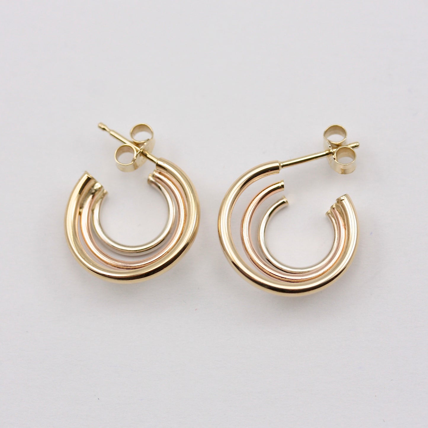 Vintage 9ct Tri Colour Gold Triple Hoop Earrings, Small