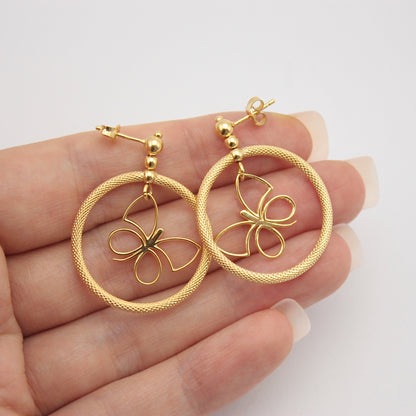 Pre-owned 9ct Gold Butterfly Dangle Hoop Earrings, Large