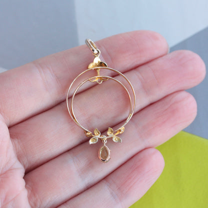 Antique 9ct Gold Peridot and Seed Pearl Lavalier Pendant