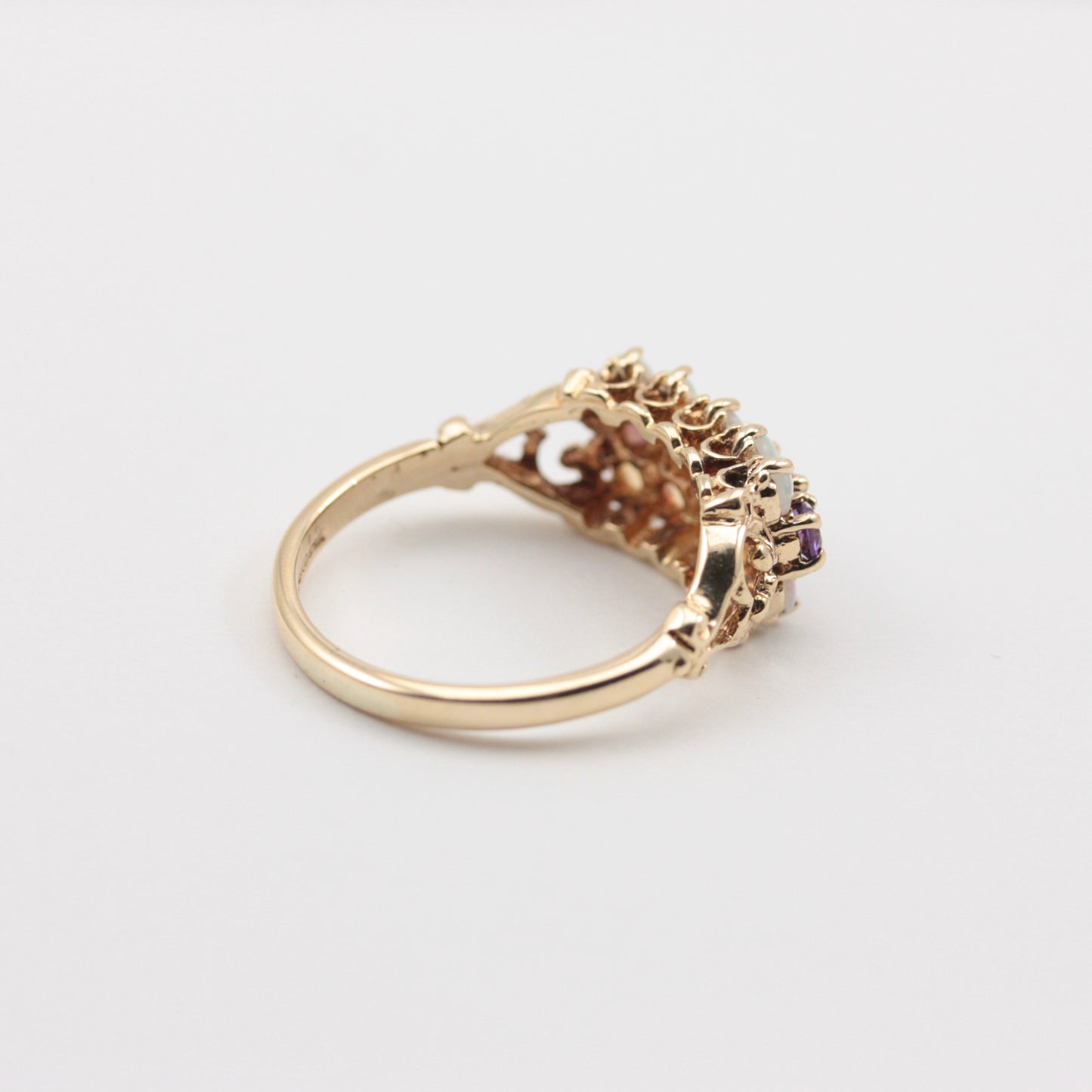 Vintage 9ct Gold Opal and Amethyst Triple Row Ring, c1980s
