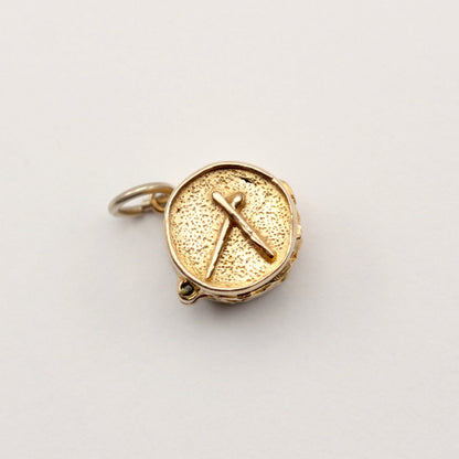 Vintage 9ct Gold Opening Drum Charm with Trumpeter, NUVO, 1961