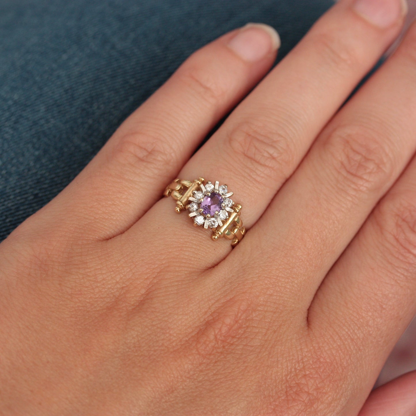 Vintage 9ct Gold Amethyst & CZ Cluster Ring, 1990