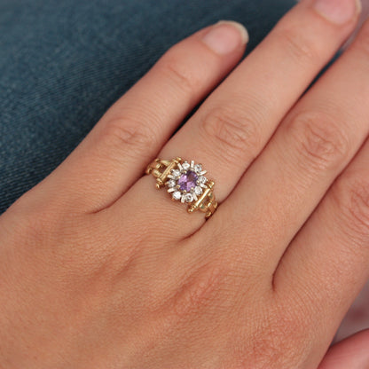 Vintage 9ct Gold Amethyst & CZ Cluster Ring, 1990