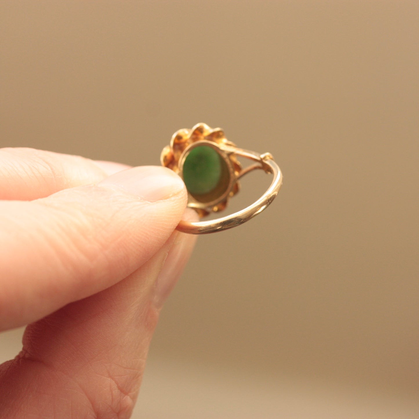 Vintage 9ct Gold and Green Jade Solitaire Ring, 1968