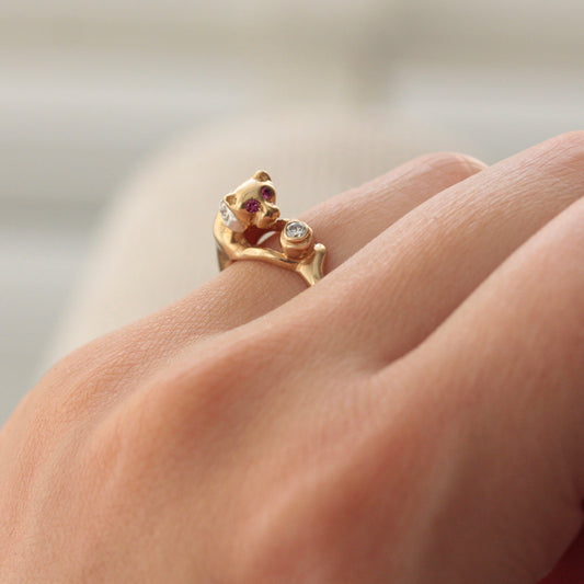 Vintage 9ct Gold Cat and Water Bowl Ring, 2001