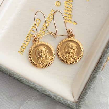 Vintage 9ct Gold Virgin Mary Coin Style Earrings, Georg Jensen Ltd