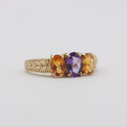 Pre-owned 9ct Gold Amethyst & Citrine Three Stone Ring
