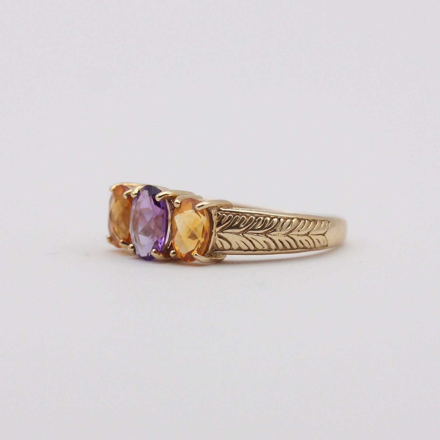 Pre-owned 9ct Gold Amethyst & Citrine Three Stone Ring