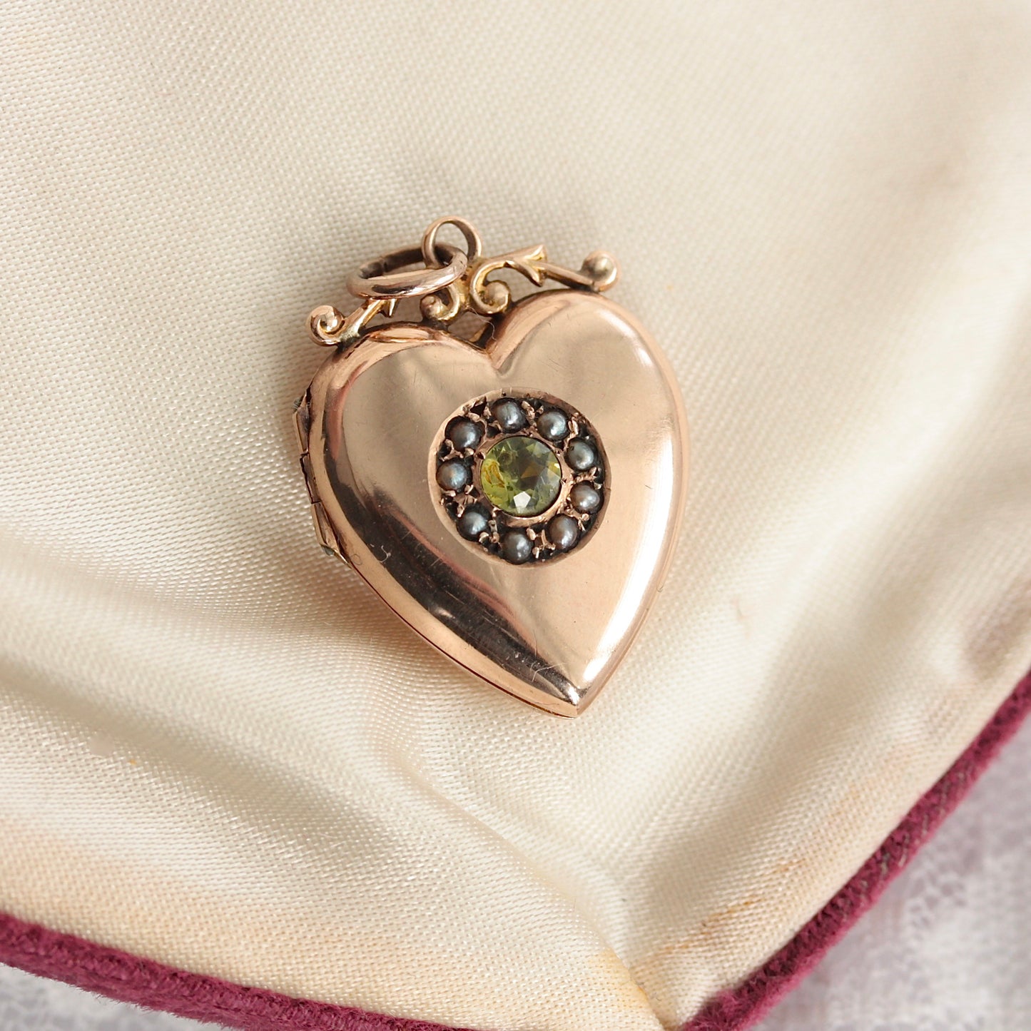 Antique Edwardian 9ct Gold Peridot and Pearl Heart Locket, 1909