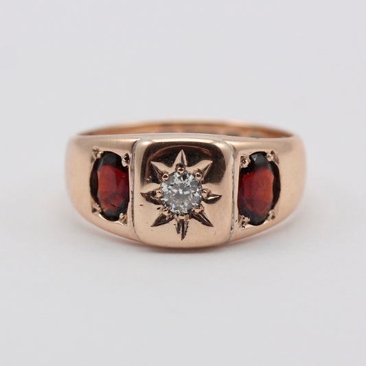 Antique Edwardian 9ct Gold, Diamond and Garnet Gypsy Ring, 1905