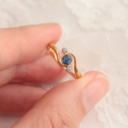 Art Deco Sapphire and Diamond Three Stone Crossover Ring