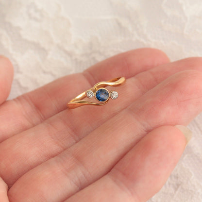 Art Deco Sapphire and Diamond Three Stone Crossover Ring