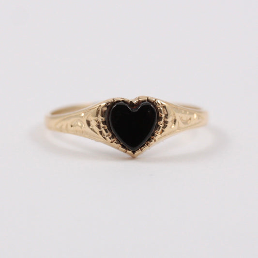 Vintage 9ct Gold Onyx Heart Signet Ring, 1993