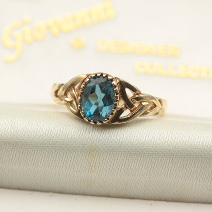 Late Vintage 9ct Gold and Blue Topaz Celtic Ring